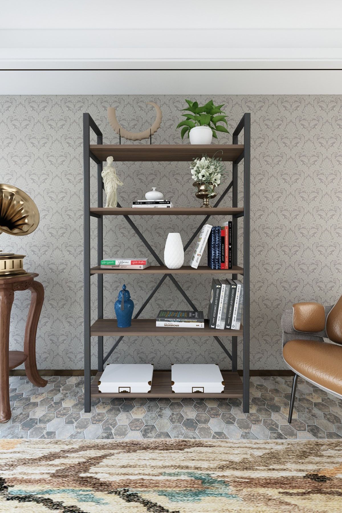 wood house deniz metal 5 rafli kitaplik ceviz fiyati yorumlari trendyol