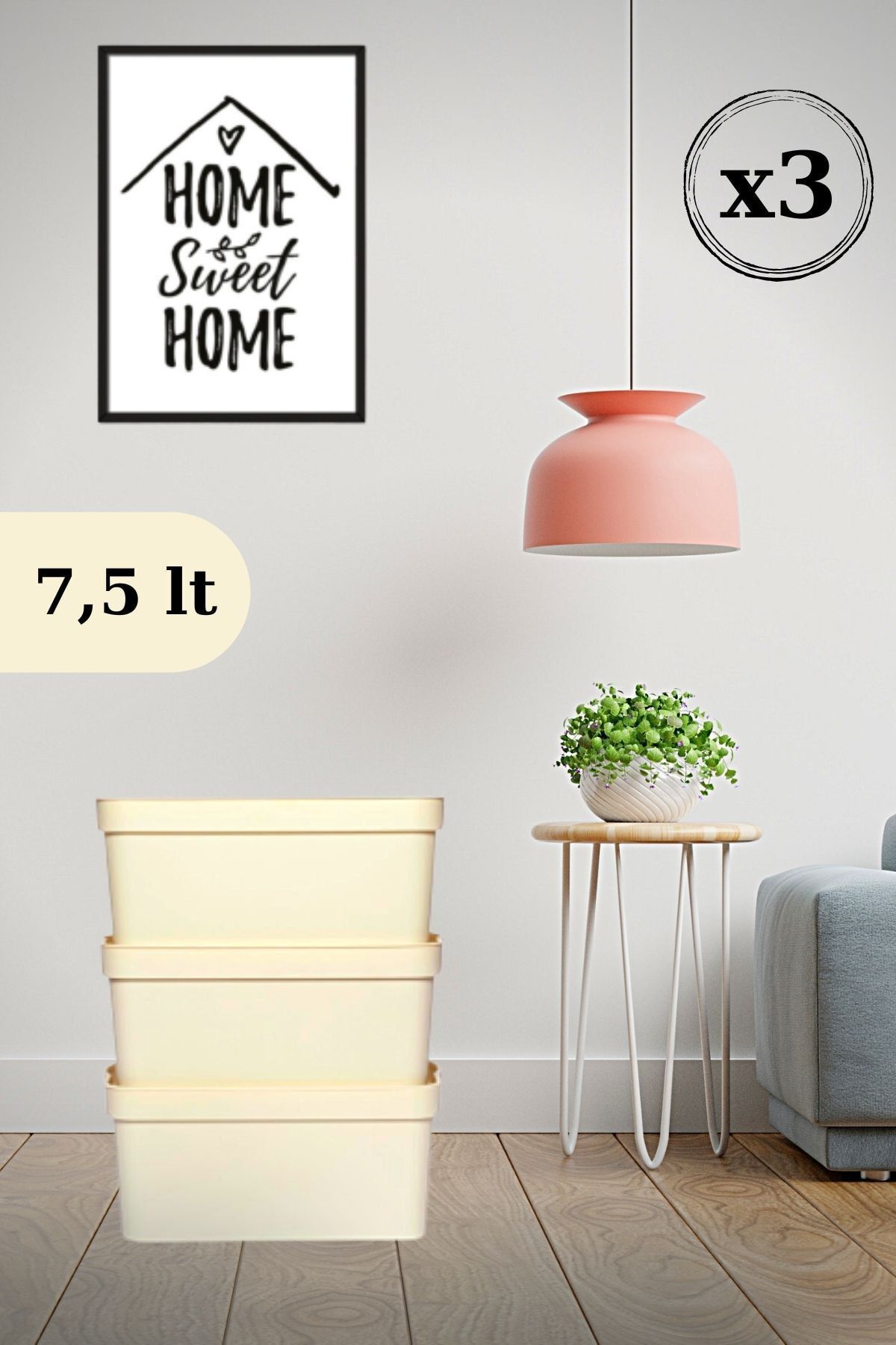 Nandy Home Dekoratif 7,5 Lt Oyuncak & Düzenleyici Kapaklı Saklama Kutusu Krem 3'lü Set