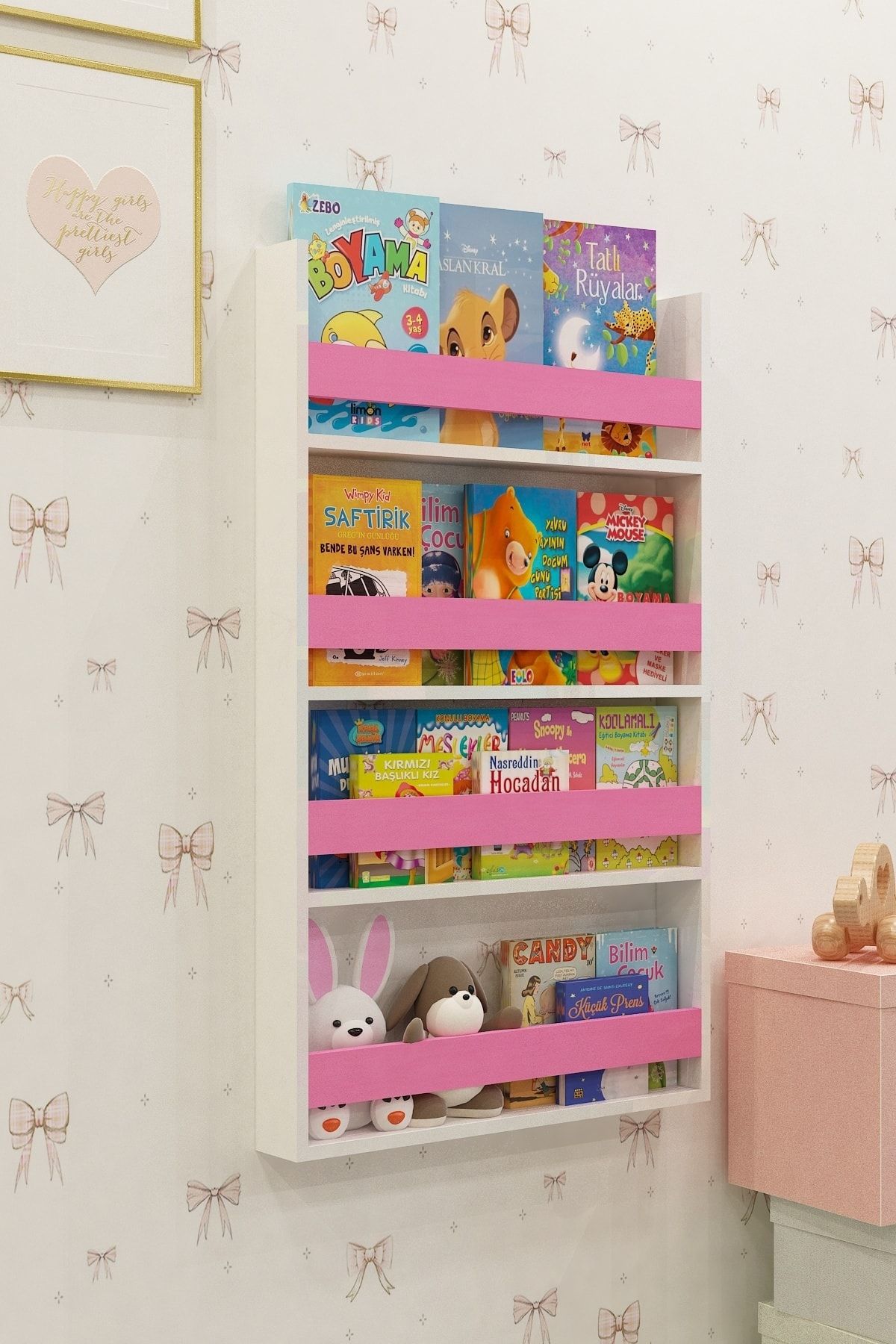 Wodi Woods Pembe Montessori Çocuk Odası Eğitici Kitaplık 4 Raflı Bebek Odası Duvara Monte