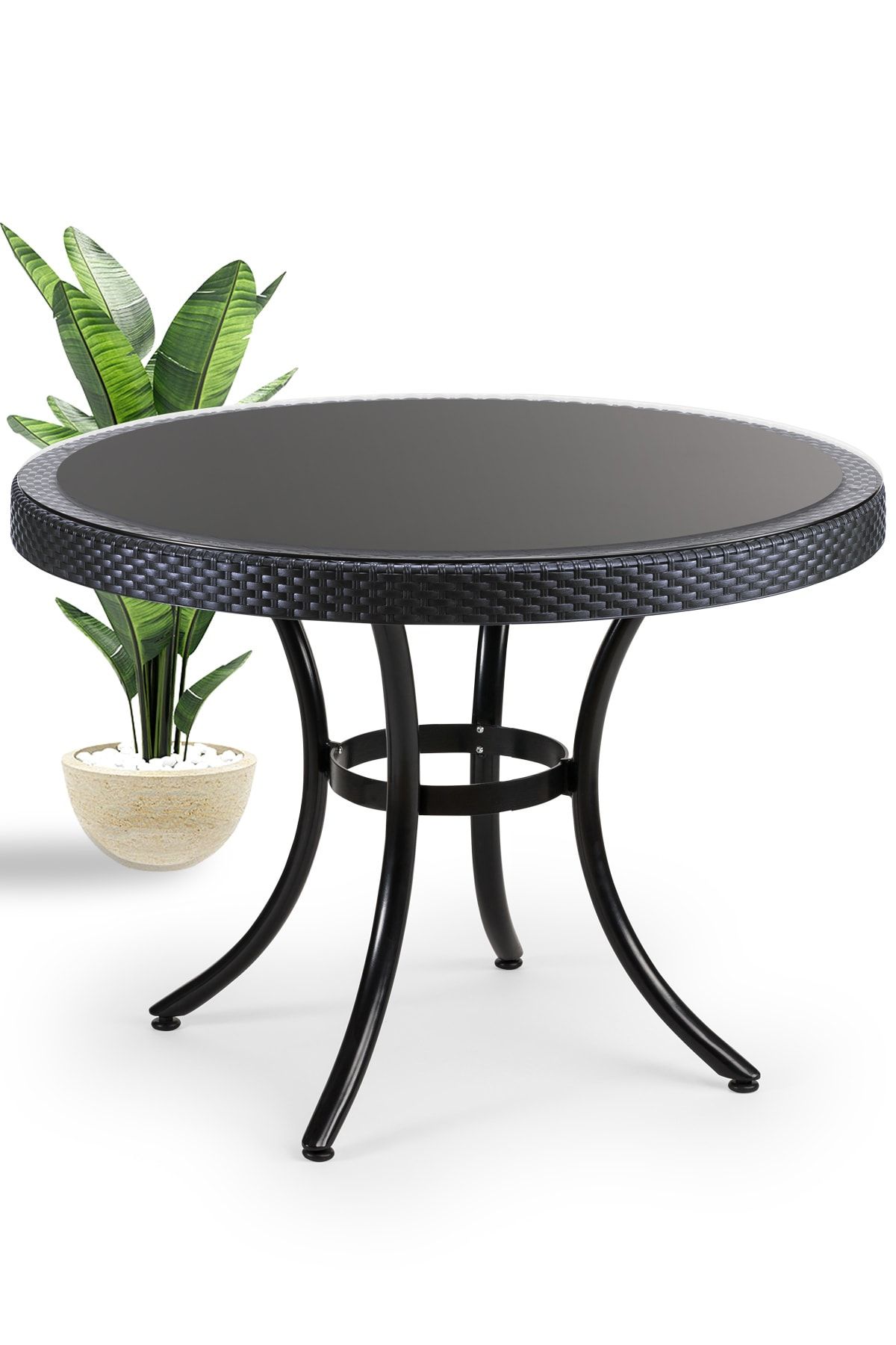 Tilia Siyah Metal Ayaklı Rattan Efektli Camlı Bahçe Masası
