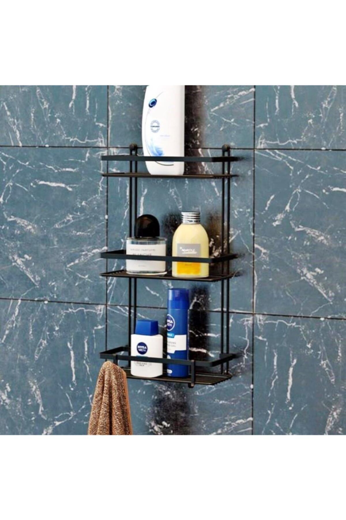 Geseus Üç Katlı Kancalı Banyo Rafı Mat Siyah Es065h