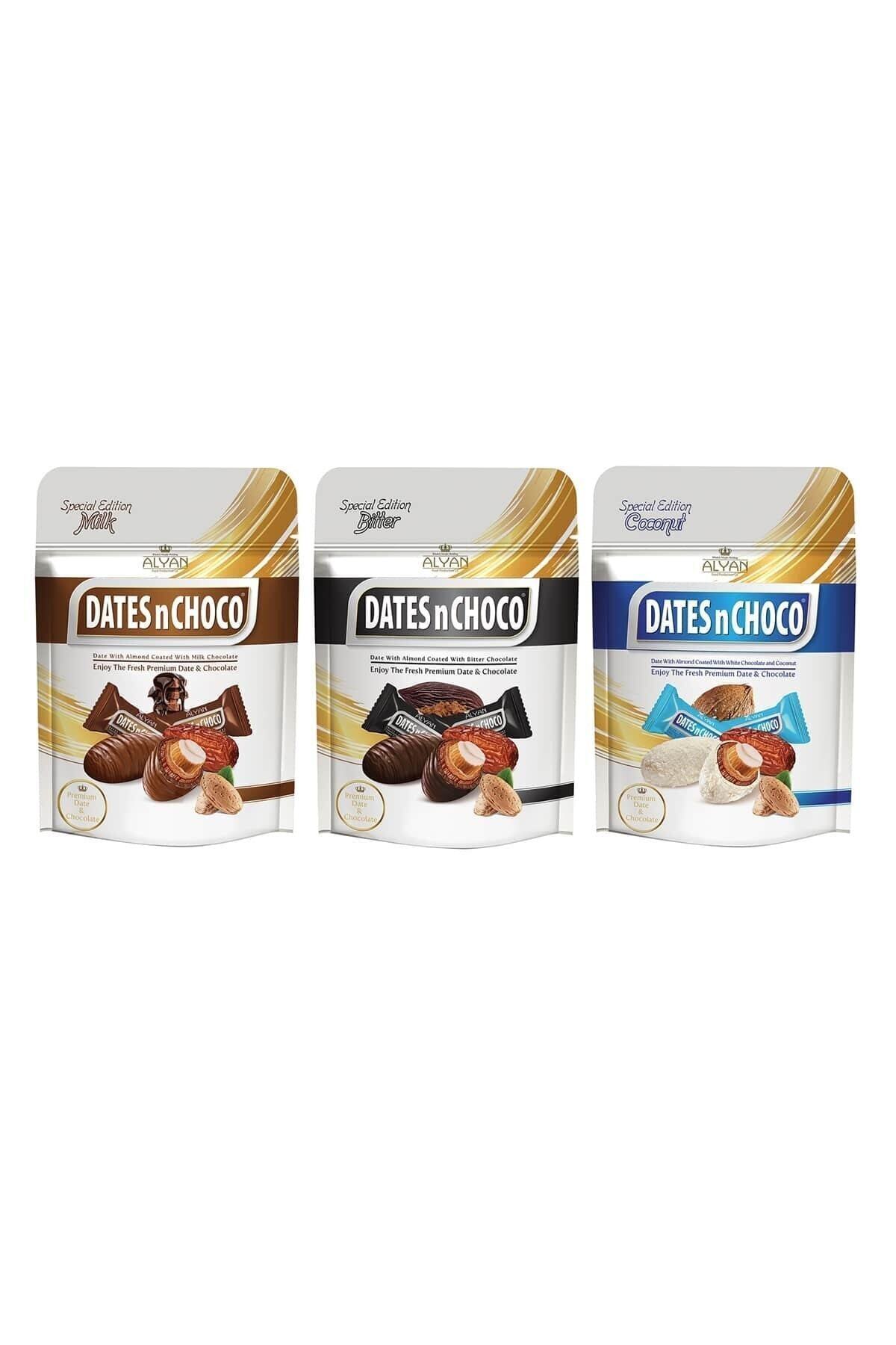 DATESnCHOCO Dates N Choco Sütlü+ Bitter+ Hindistan Cevizi Ve Beyaz Çikolata Kaplı Bademli Hurma (90 Gr * 3 Adet)
