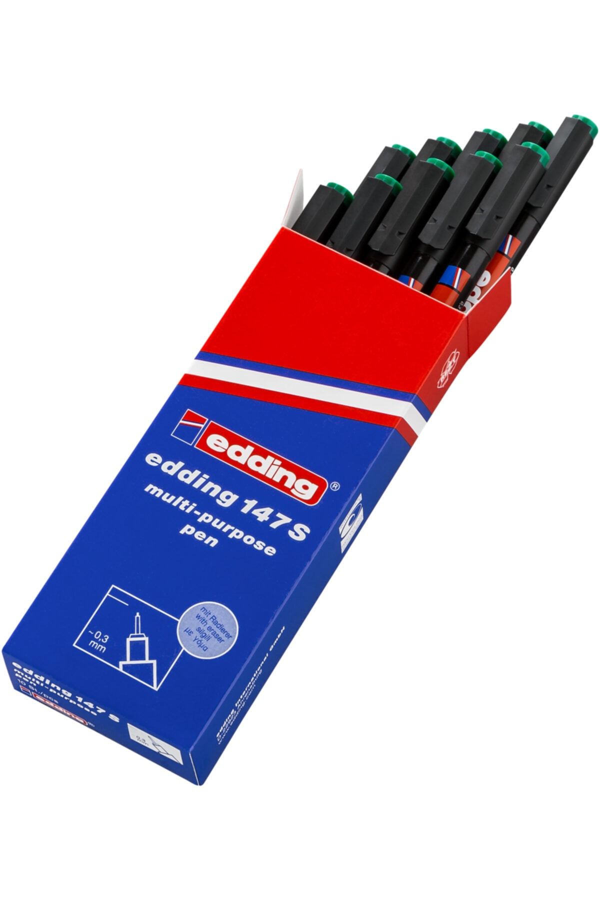 Edding 147 S Çok Amaçlı Asetat Kalemi - Permanent Kalem Silgili 0.3mm Yeşil (10 Lu Paket)
