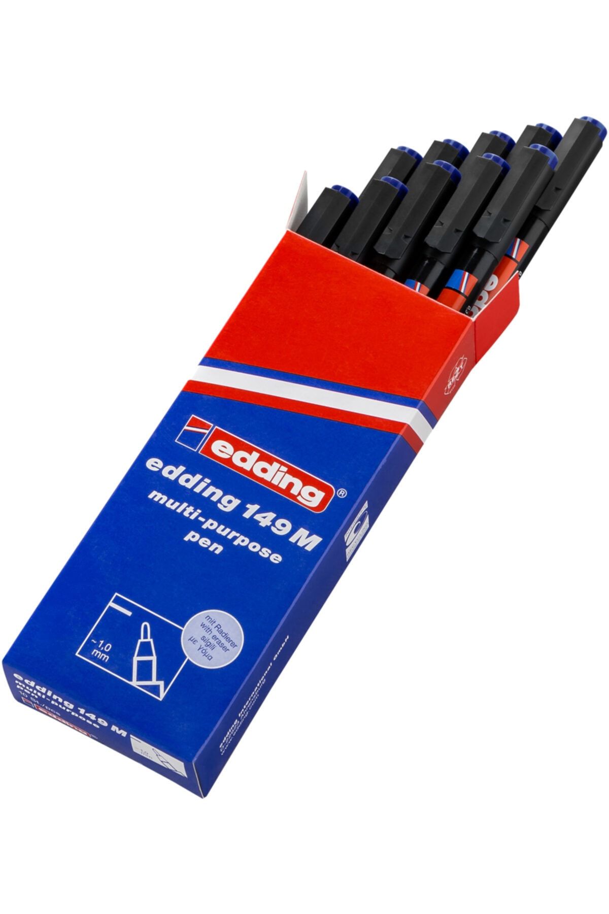 Edding 149 M Çok Amaçlı Asetat Kalemi - Permanent Kalem Silgili 1.0mm Mavi (10 Lu Paket)
