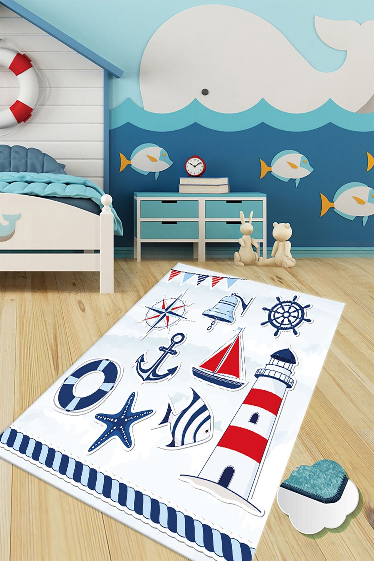 Bely Home Dijital Baskılı Kaymaz Taban Yıkanabilir Liman Desenli Beyaz Çocuk Odası Halısı