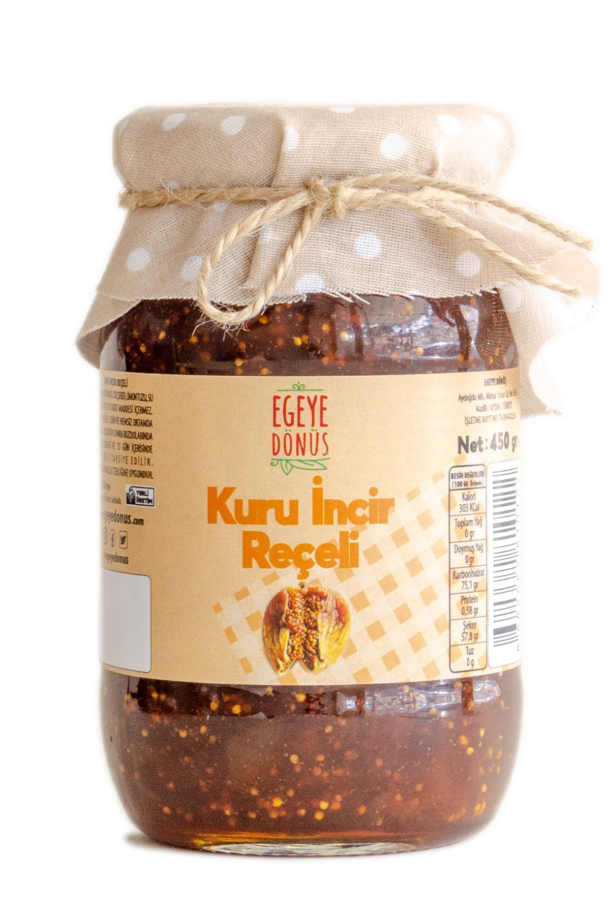 EGEYE DÖNÜŞ Evyapımı Geleneksel Kuru Incir Reçeli Cam Kavanoz - 450 Gr. (%65-%70 MEYVE ORANI)