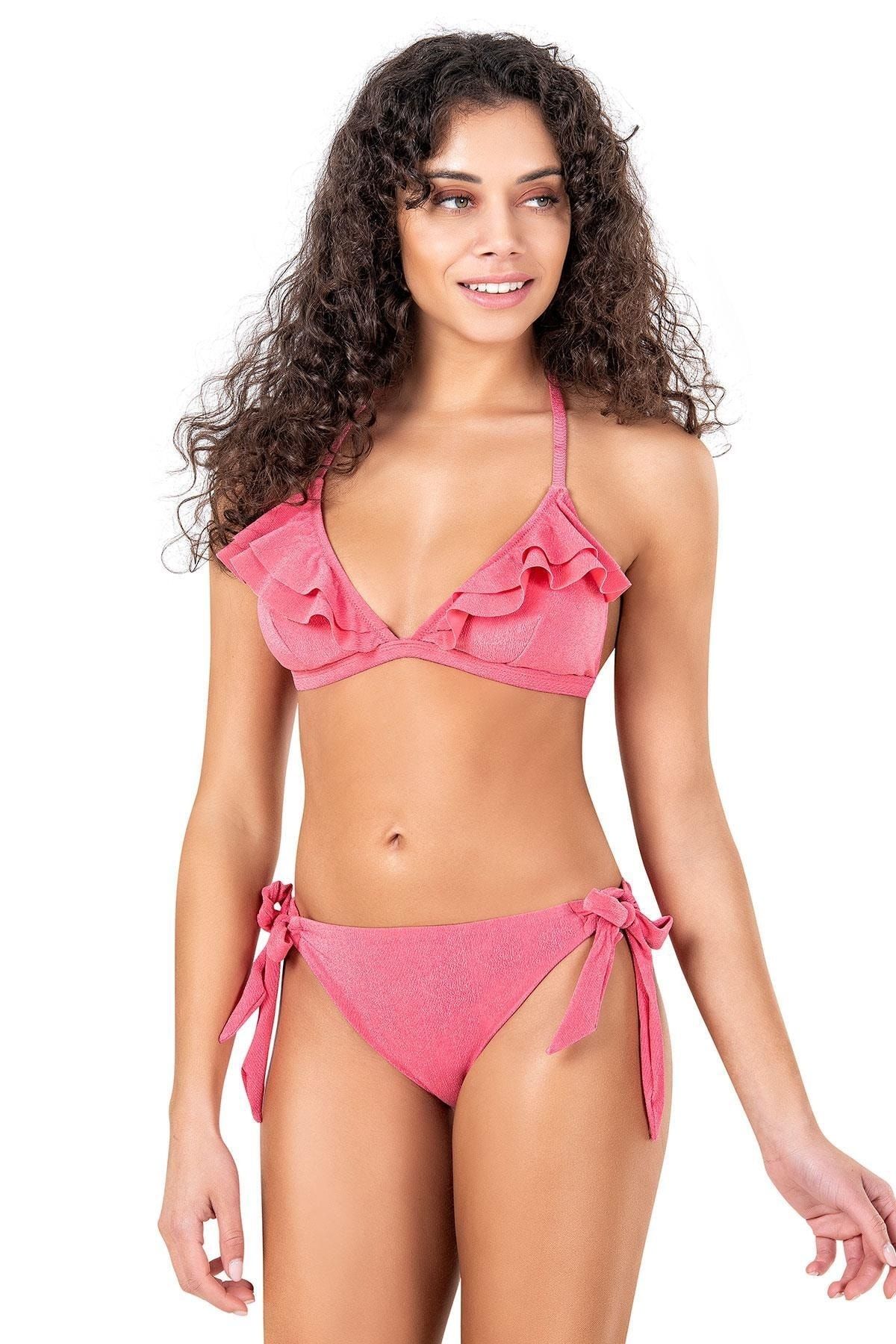Endeep Women s Ruffled Pink Bikini Set Trendyol