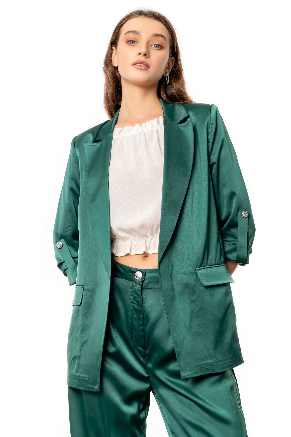 its basic Women s Emerald Green Color Satin Fabric Oversize Jacket