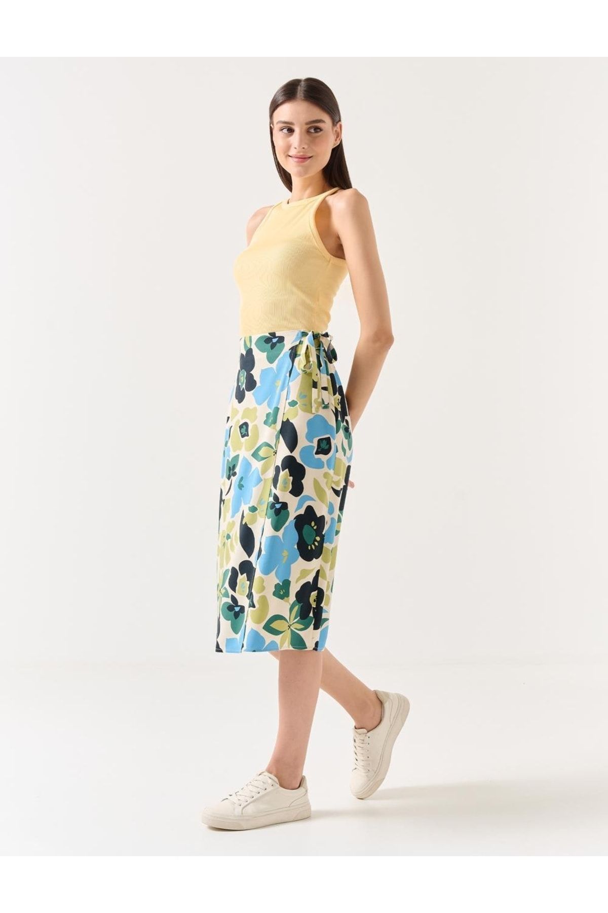 PRINTED MIDI SKIRT - Ecru / Blue