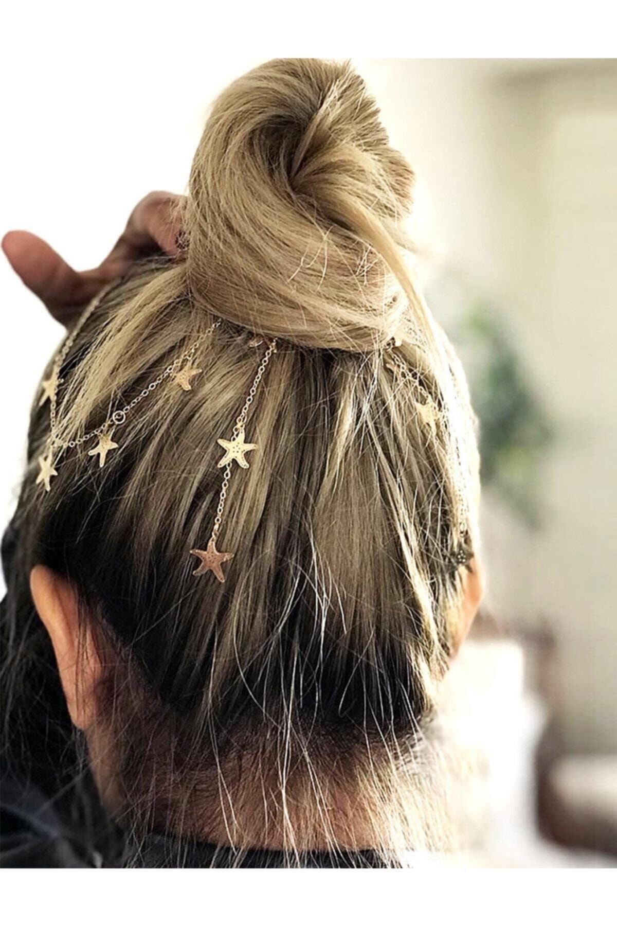 ROSALINDA COLLECTION Kadın  Gold Yıldızlı Saç Zinciri, Altın Rengi Saç Aksesuarı Yıldız Detaylı