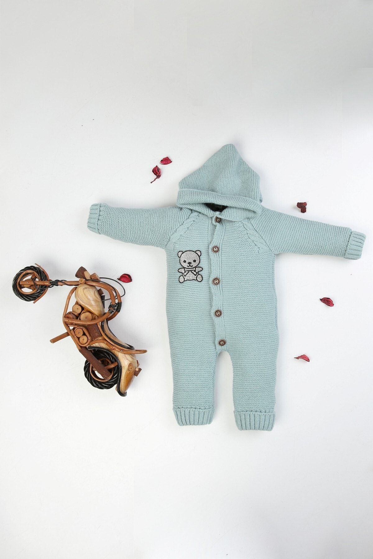 ezze collection Kız Erkek Bebek Ayıcık Baskılı Triko Tulum Kapüşonlu