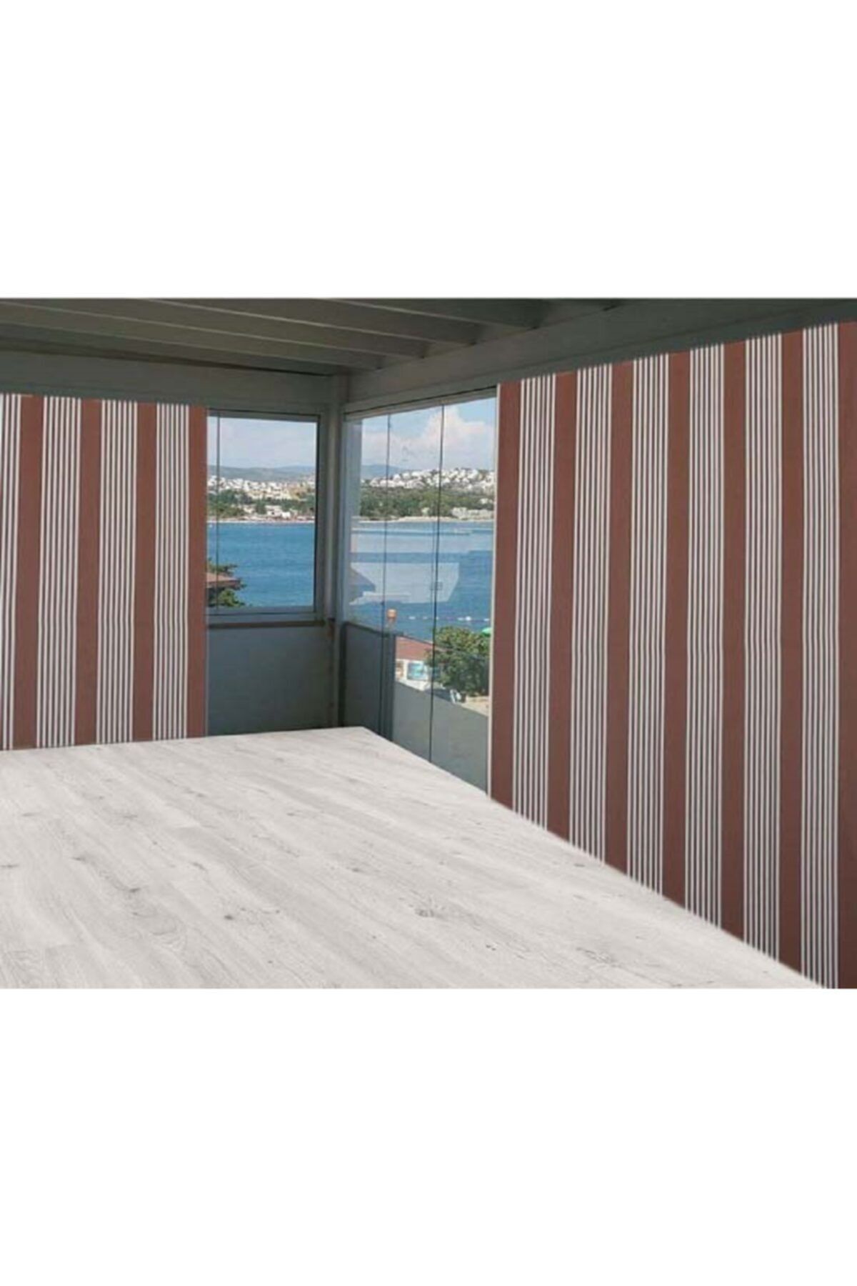 ceylan home Kahverengi Beyaz Ince Çizgili Balkon Perdesi 100x250