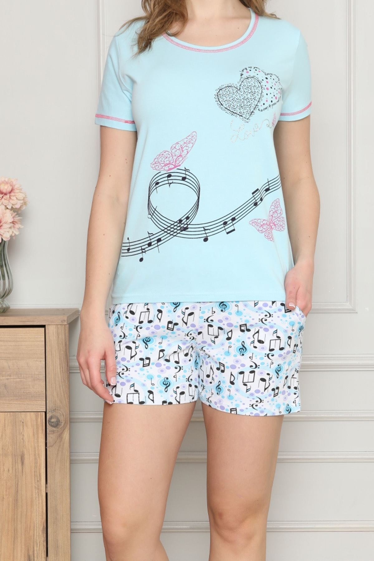 Nicoletta Blue Women's Shorts Pajama Set Short Sleeve Pocketed Cotton Lycra  - Trendyol