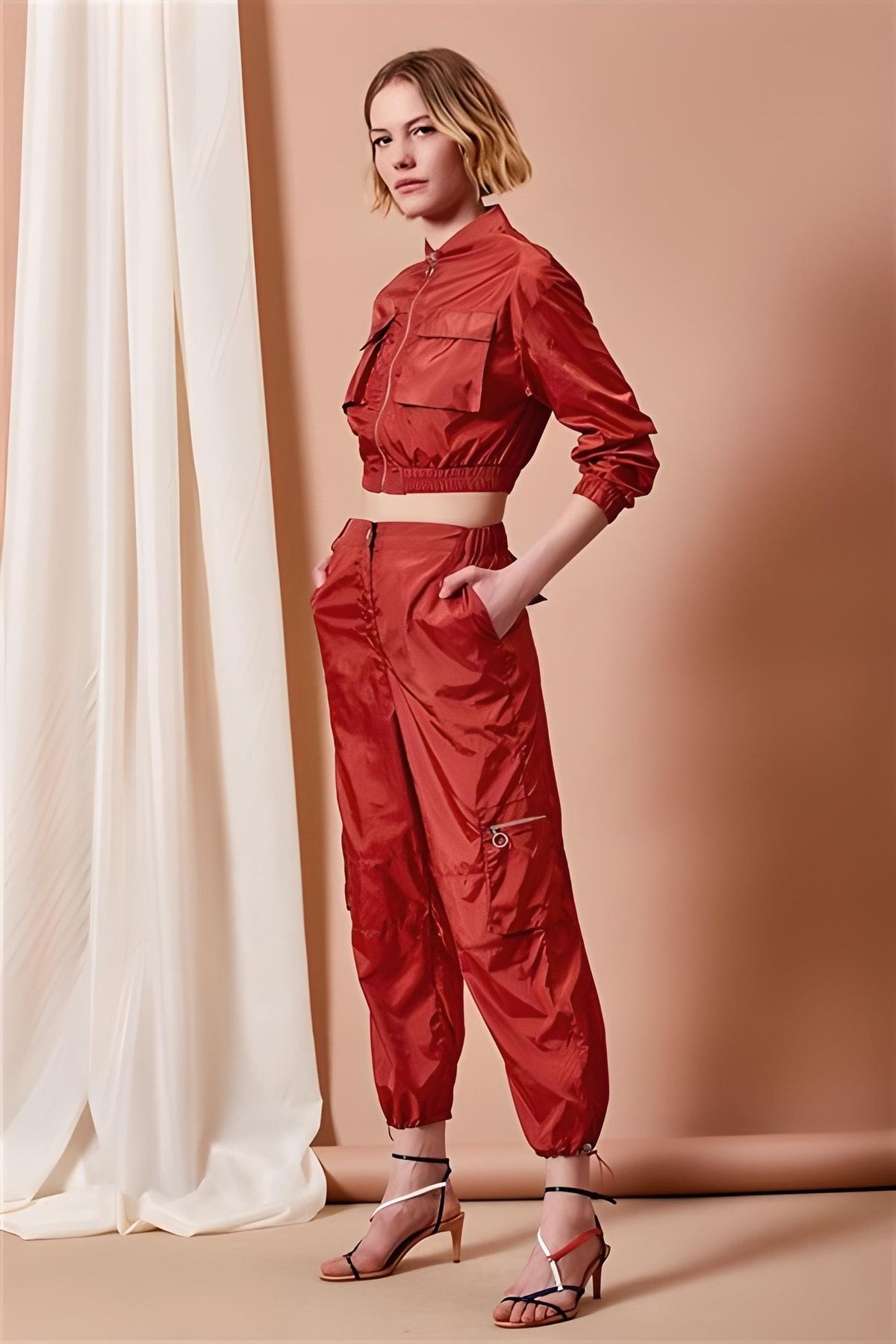 Red satin sale two piece set
