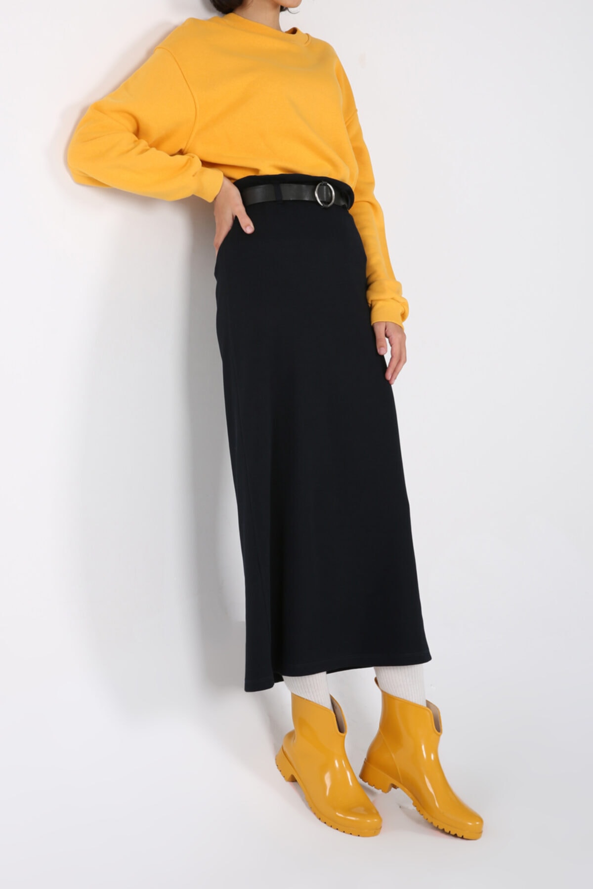 Ekrumoda Lacivert Bel Lastikli Kemerli Etek