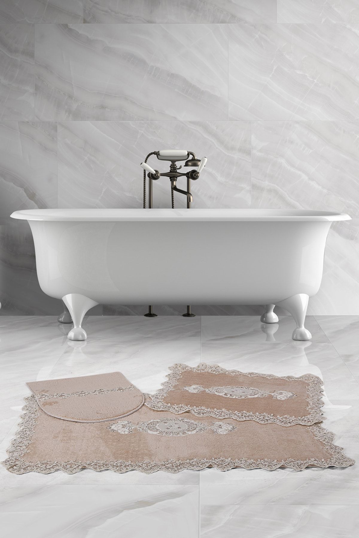 Bonny Home Lisa Köşeli Vizon 3'lü Fransız Güpürlü Banyo Halısı Çeyizlik Klozet Takımı Paspas Seti