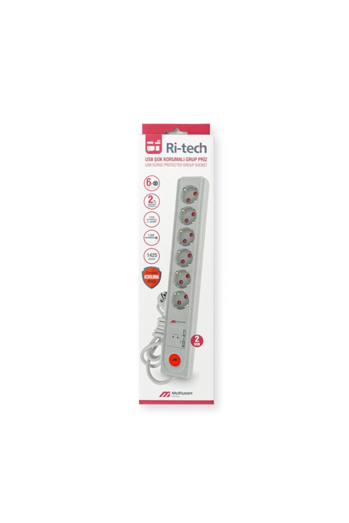 Mutlusan Ri Tech 6'lı, Şok Krımalı, Usb Ve Anahtarlı Topraklı Grup Priz - 1,5 Metre