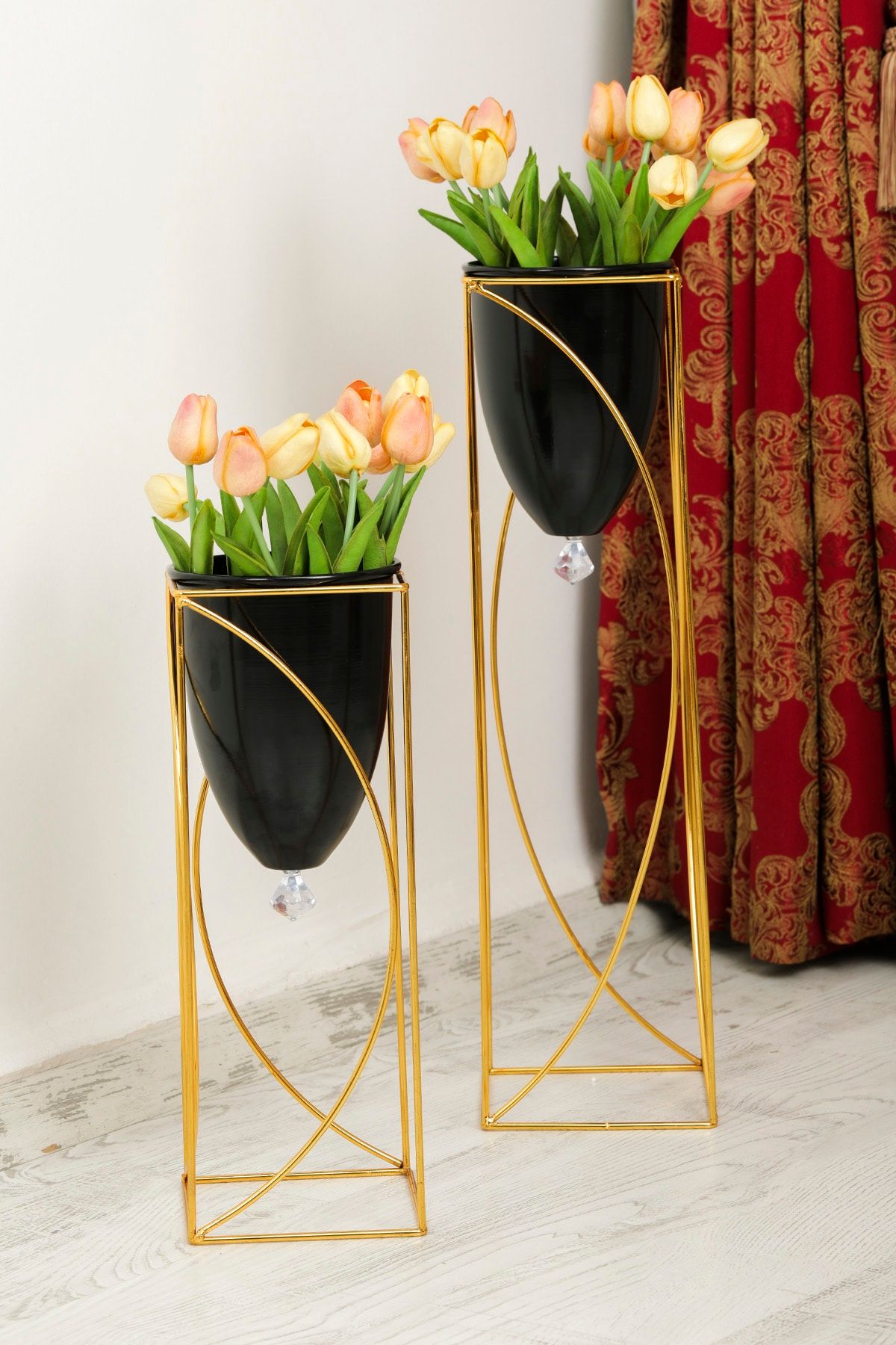 MHK Collection Metal Siyah Dekoratif Ayaklı Saksı,2'li Gold Ayaklı Saksı,dekoratif Saksı,vazo
