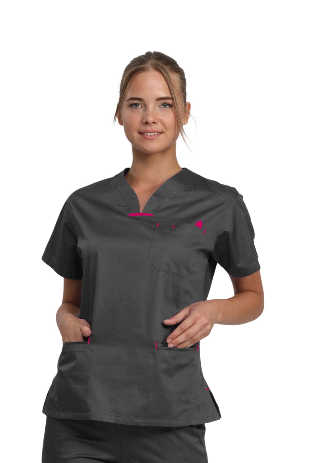 CANDAŞ UNİFORM Antrasit Grey Red Doktor Hemşire Forma Tek Üst
