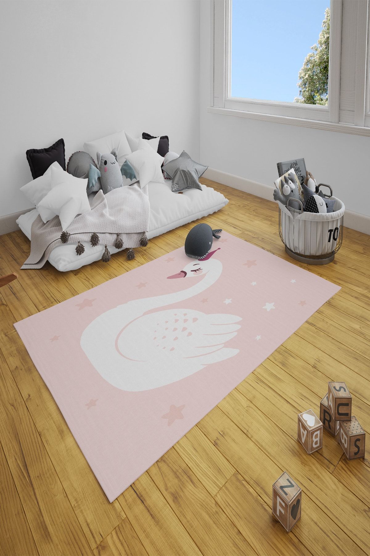 CARİA HOME Pembe Zemin Beyaz Kuğu Desenli Çocuk Halısı
