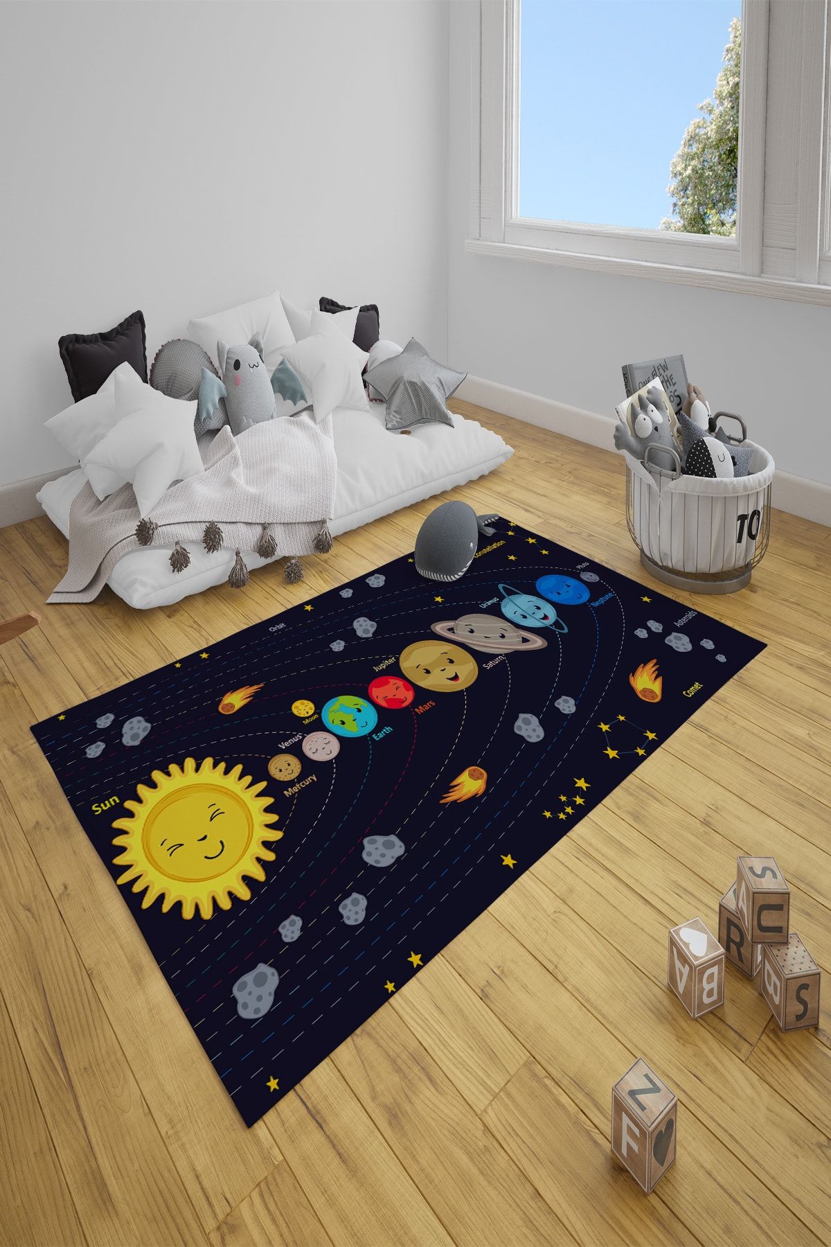 CARİA HOME Siyah Güneş Sistemi Uzay Desenli Çocuk Halısı