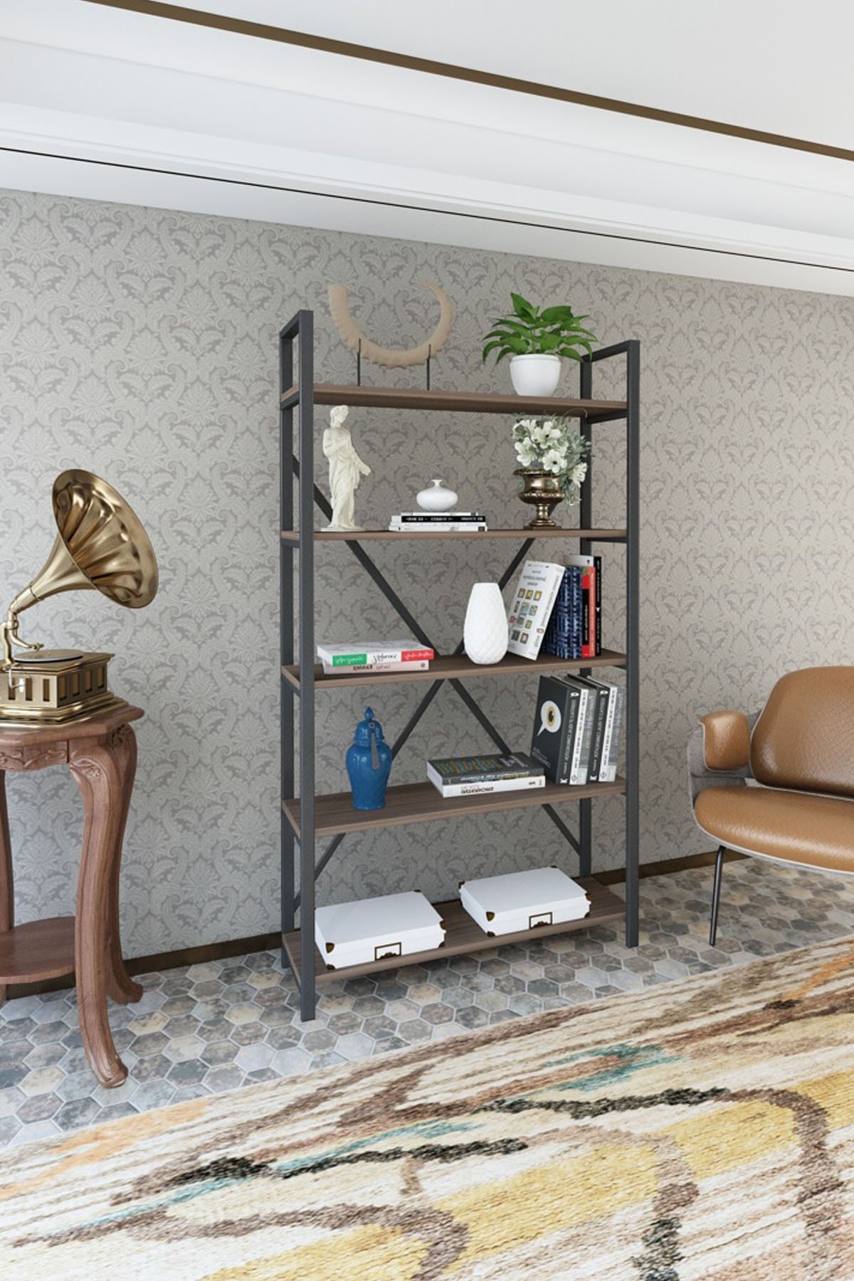 wood house deniz metal 5 rafli kitaplik ceviz fiyati yorumlari trendyol