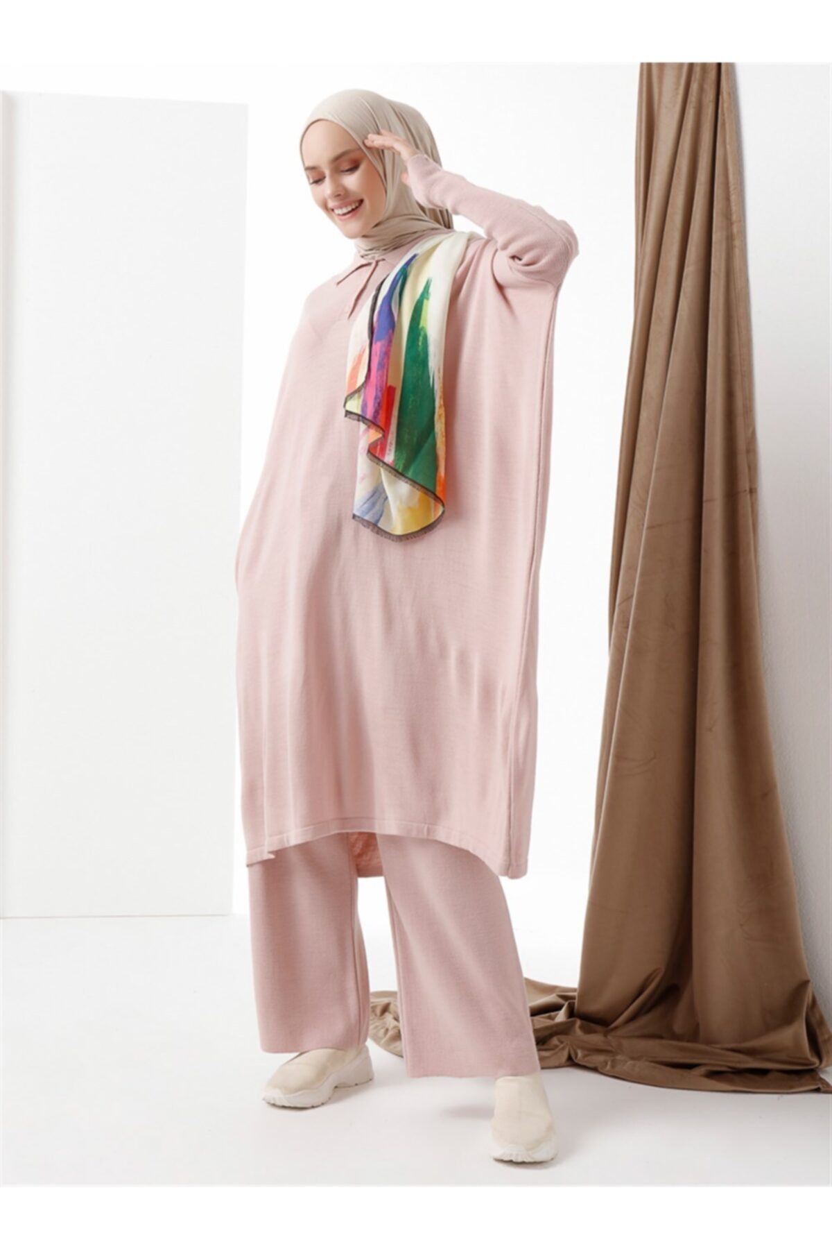 Vamelya Phull Polo Yaka Triko Tunik Pudra Pembe