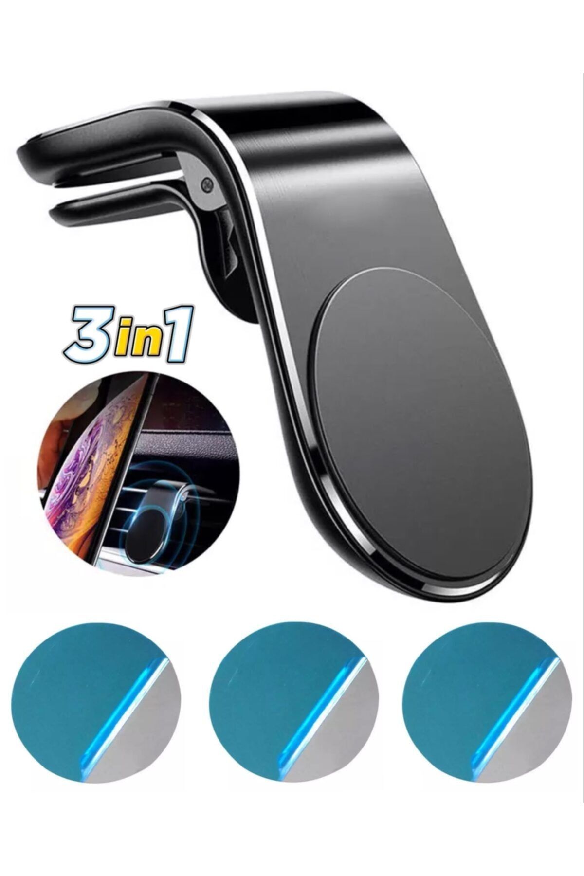 ucuzmi Araç Içi Telefon Tutucu Neodyum Mıknatıslı Siyah Renk 3 Adet Metal Plakalı Klima Menfez Uyumlu 3in1
