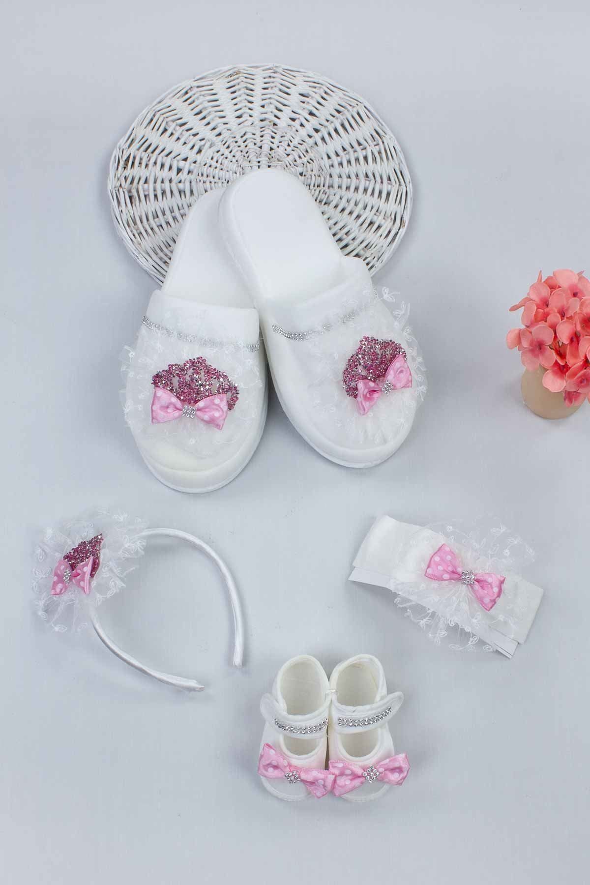 Modakids Pembe Lohusa Taç Terlik Ve Bebek Patik Bandana Set
