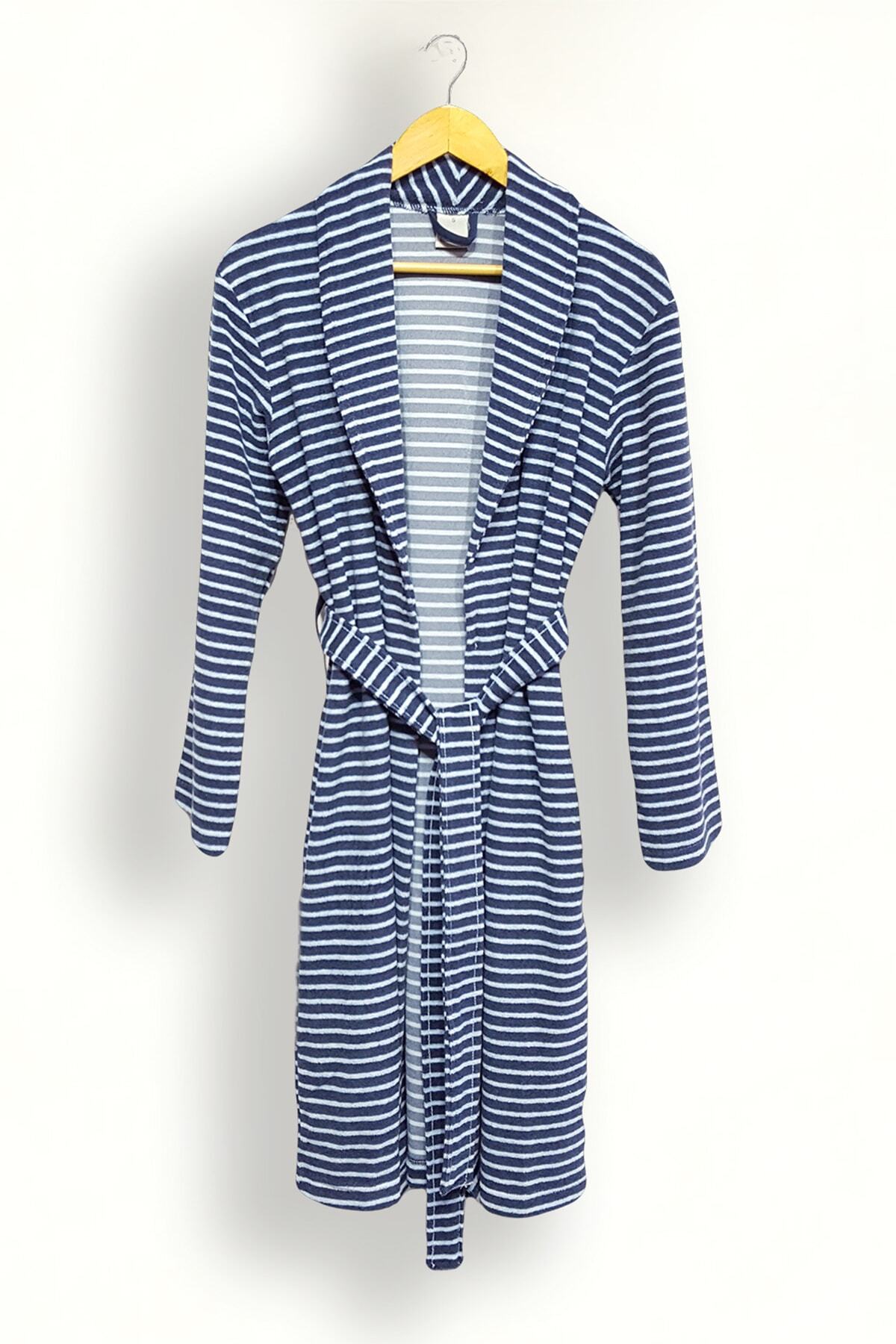 Evim ve Moda Kadın Havlu Örgü Ince Bornoz & Sabahlık - Mavi Çizgili