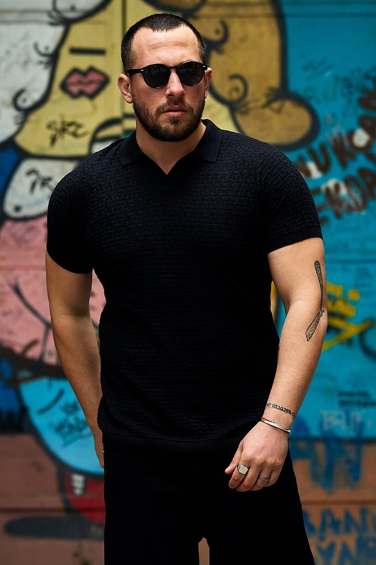 Karpefingo Erkek Siyah Hasır Desenli Polo Yaka  Tshirt