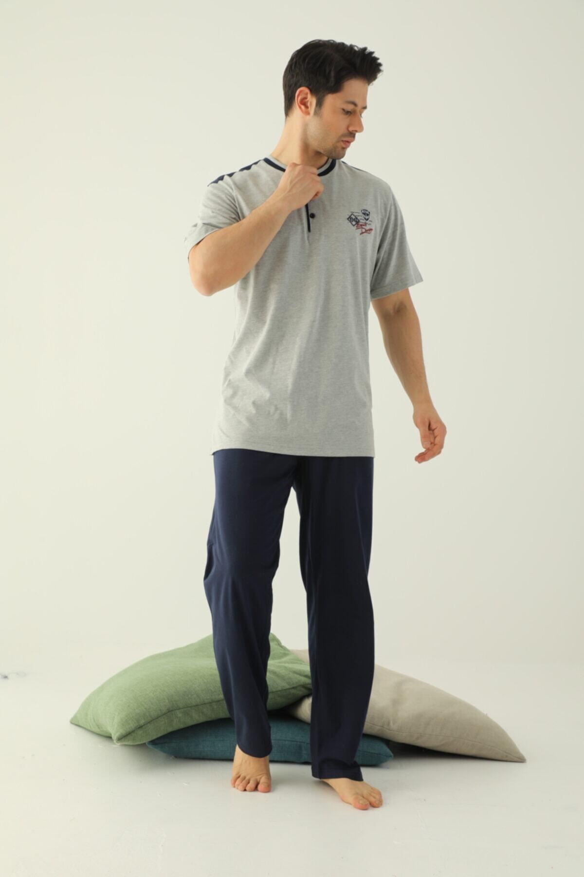 BİRŞEN Erkek Gri Kısa Kollu Büyük Beden Penye Pijama Takımı