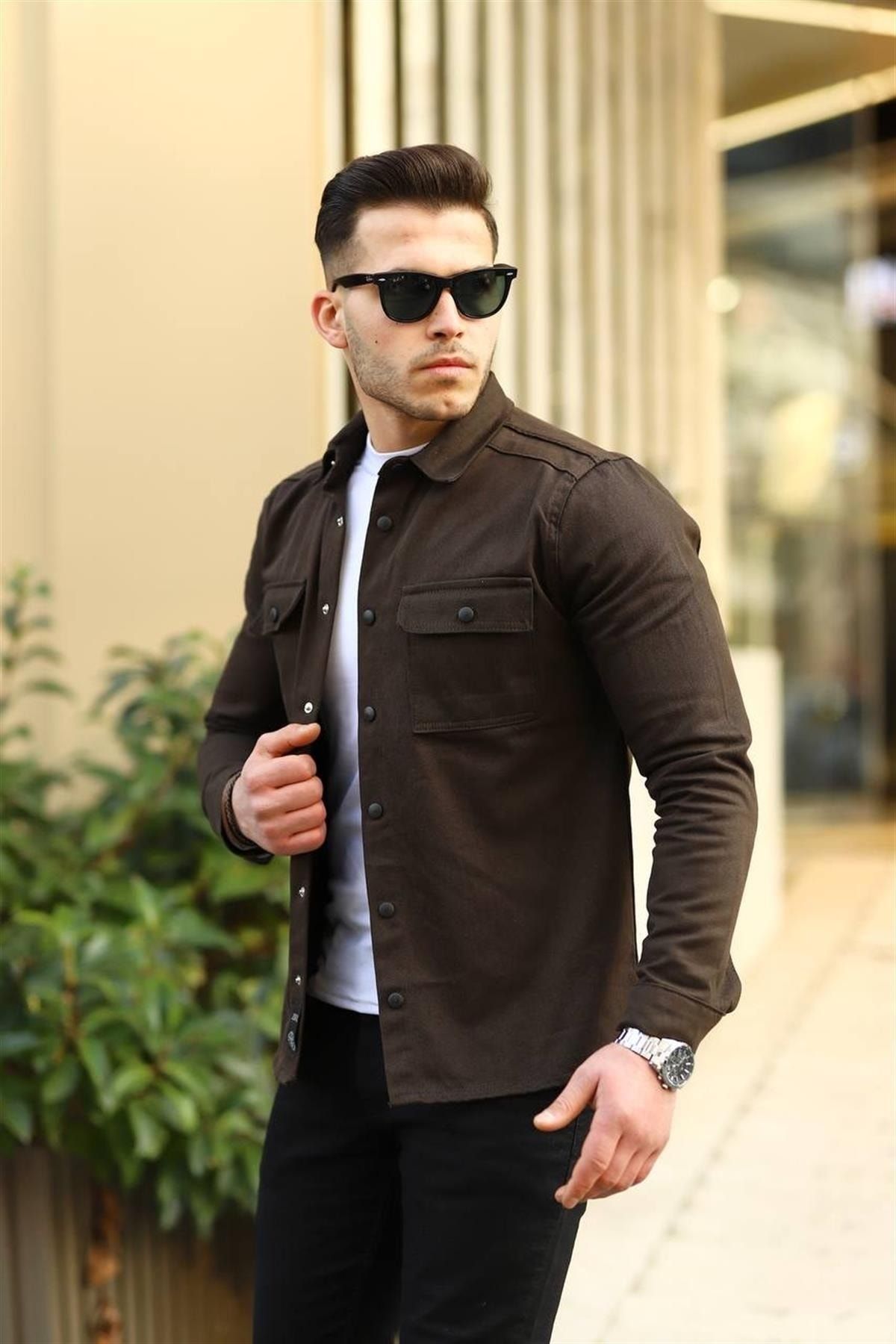 Dark denim deals shirt men