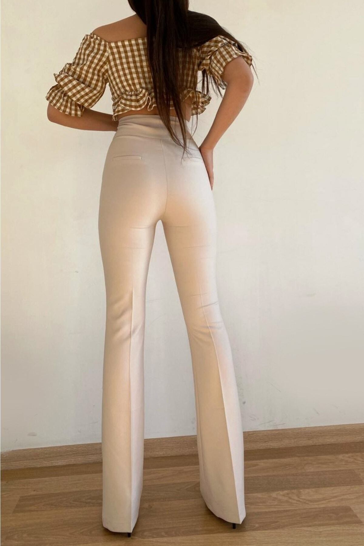 شلوار ساق پا اسپانیولی بژ زنانه فاق بلند