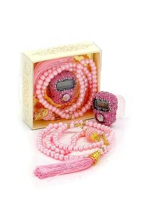 Hediyelik Taşlı Zikirmatik Ve Inci Tesbih 99 Lu Set - Pembe Renk Image 0
