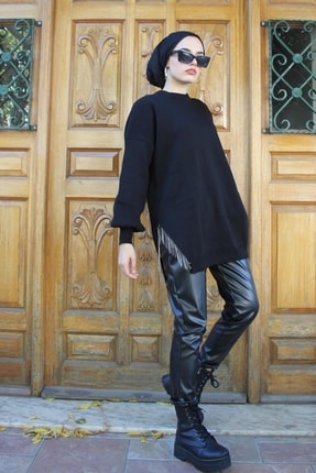 Yarı Zincirli Triko Tunik Siyah Image 2