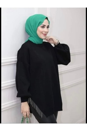 Yarı Zincirli Triko Tunik Siyah Image 6