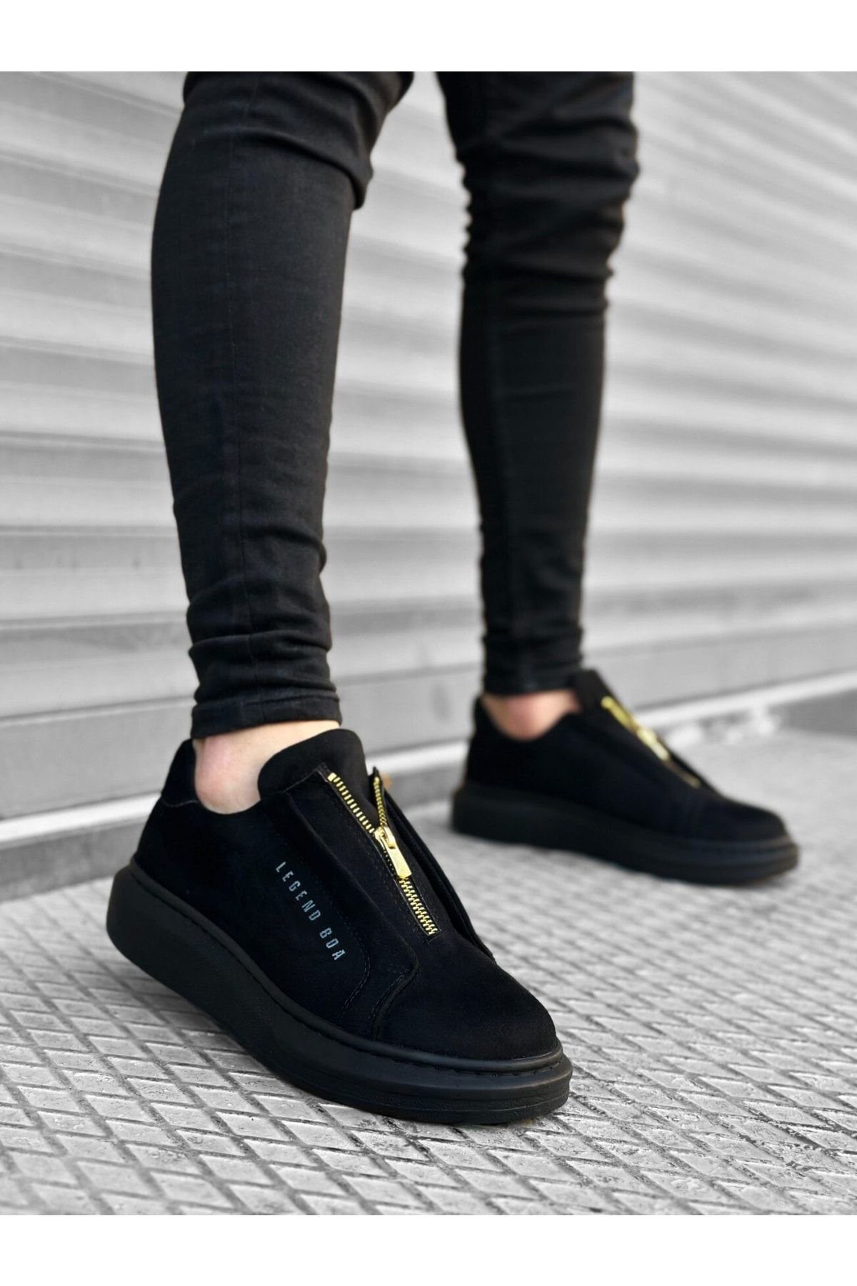 Ayakkabium High Sole Zipper Suede Black Black Casual Sneaker Style