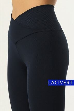Lacivert Yüksek Bel Fitilli Toparlayıcı Interlok Örme Çapraz Bel Detay Kadın Tayt Image 0