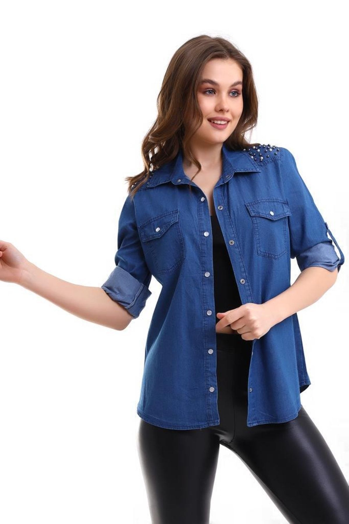 Dark blue denim shirt top womens