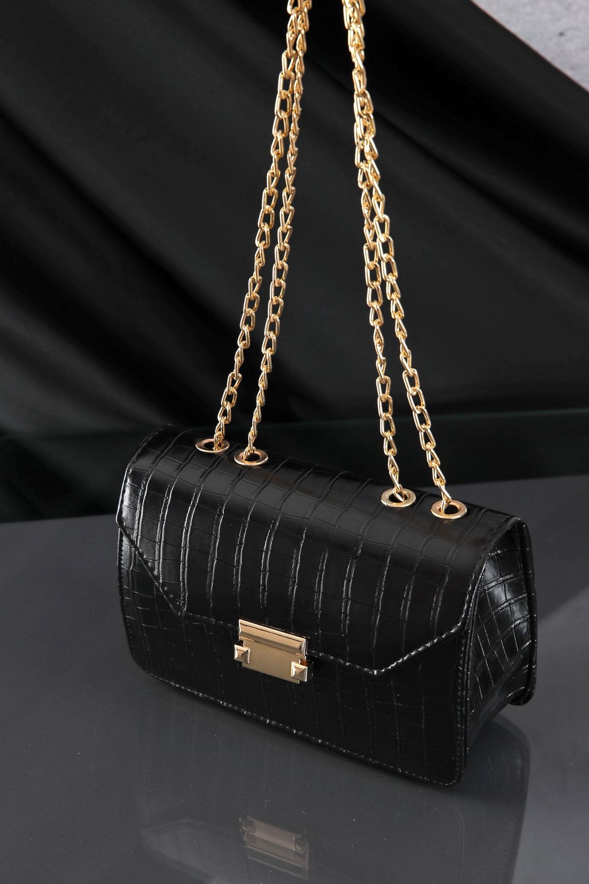 Black croc chain bag top