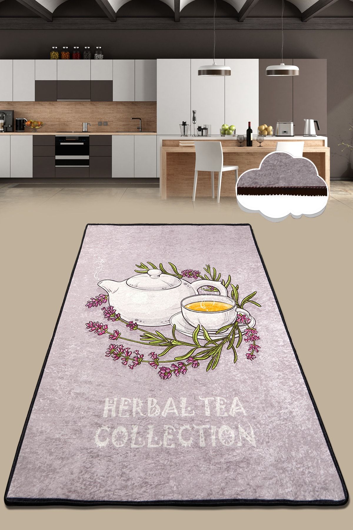 Chilai Home Tea Time Kaymaz Tabanlı Makinede Yıkanabilir Mutfak Halısı