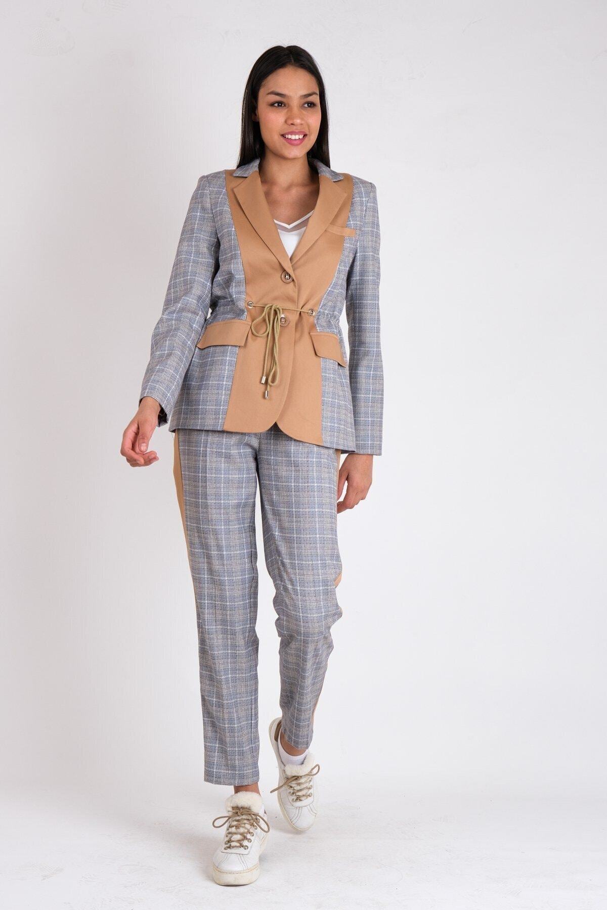 JEANNE DARC Lacivert Ekose Kumaş Belden Bağlamalı Ceket Ve Beli Lastikli Pantolonlu Takım Jp39231