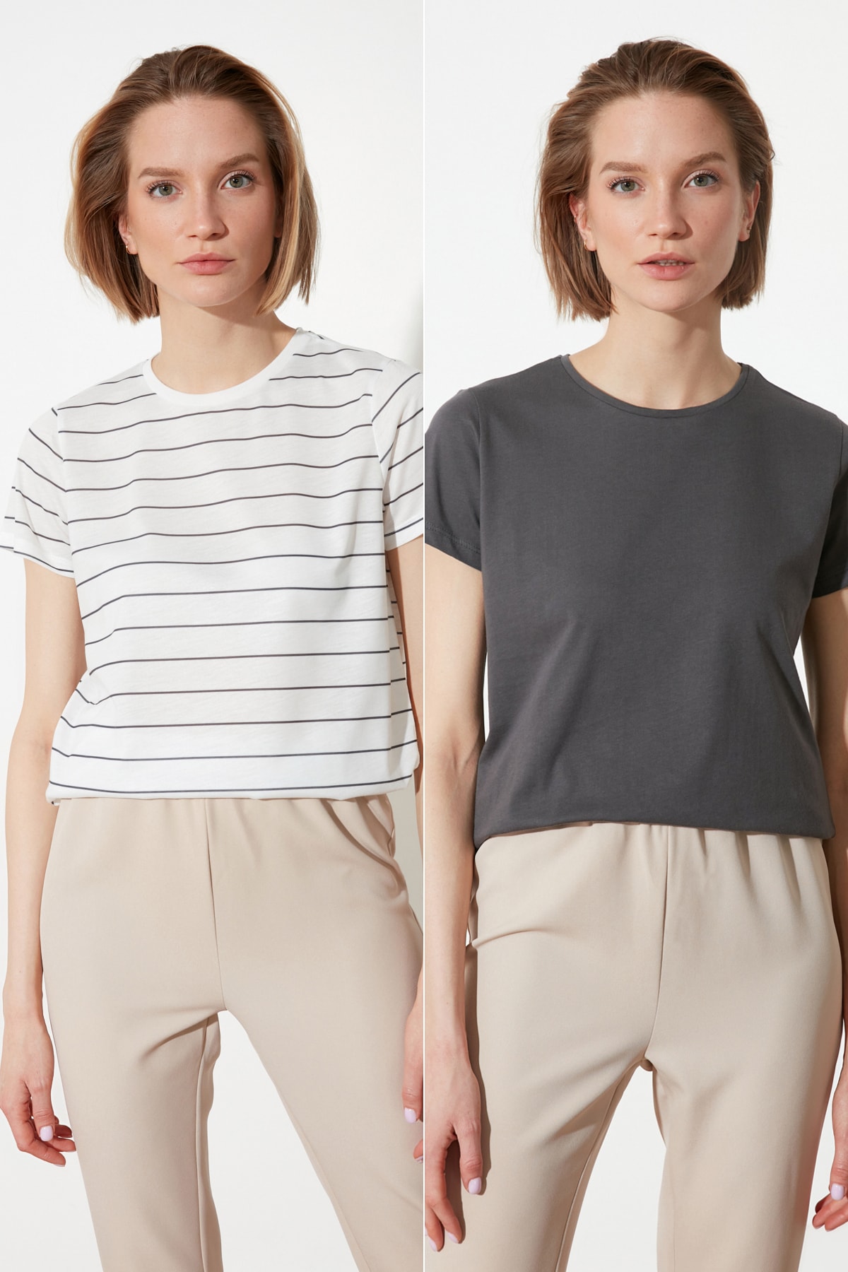 TRENDYOLMİLLA Antrasit-Çok Renkli %100 Pamuk Süprem Bisiklet Yaka 2'li Paket Örme T-Shirt TWOSS20TS0141