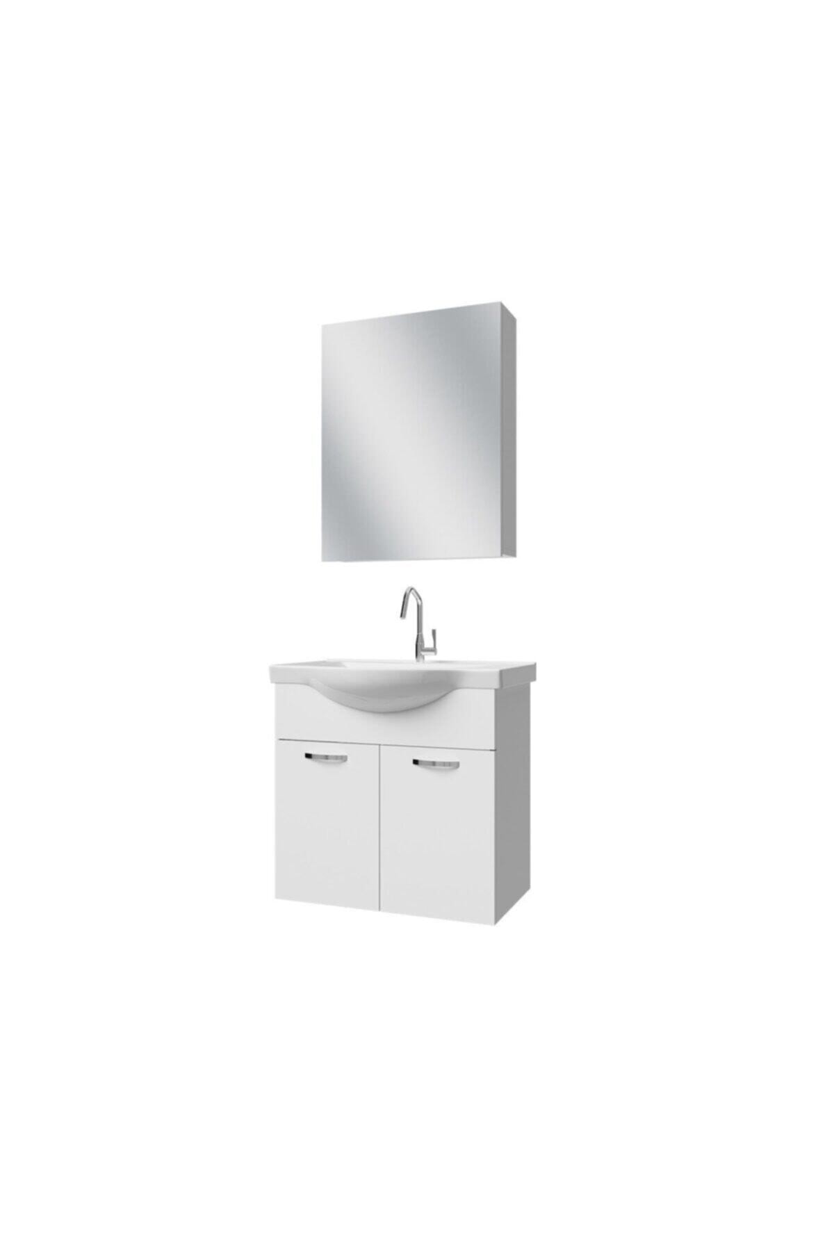 banos Al2 Ayaksız 2 Kapaklı Lavabolu Beyaz Mdf 65 Cm Banyo Dolabı Aynalı Üst Dolabı