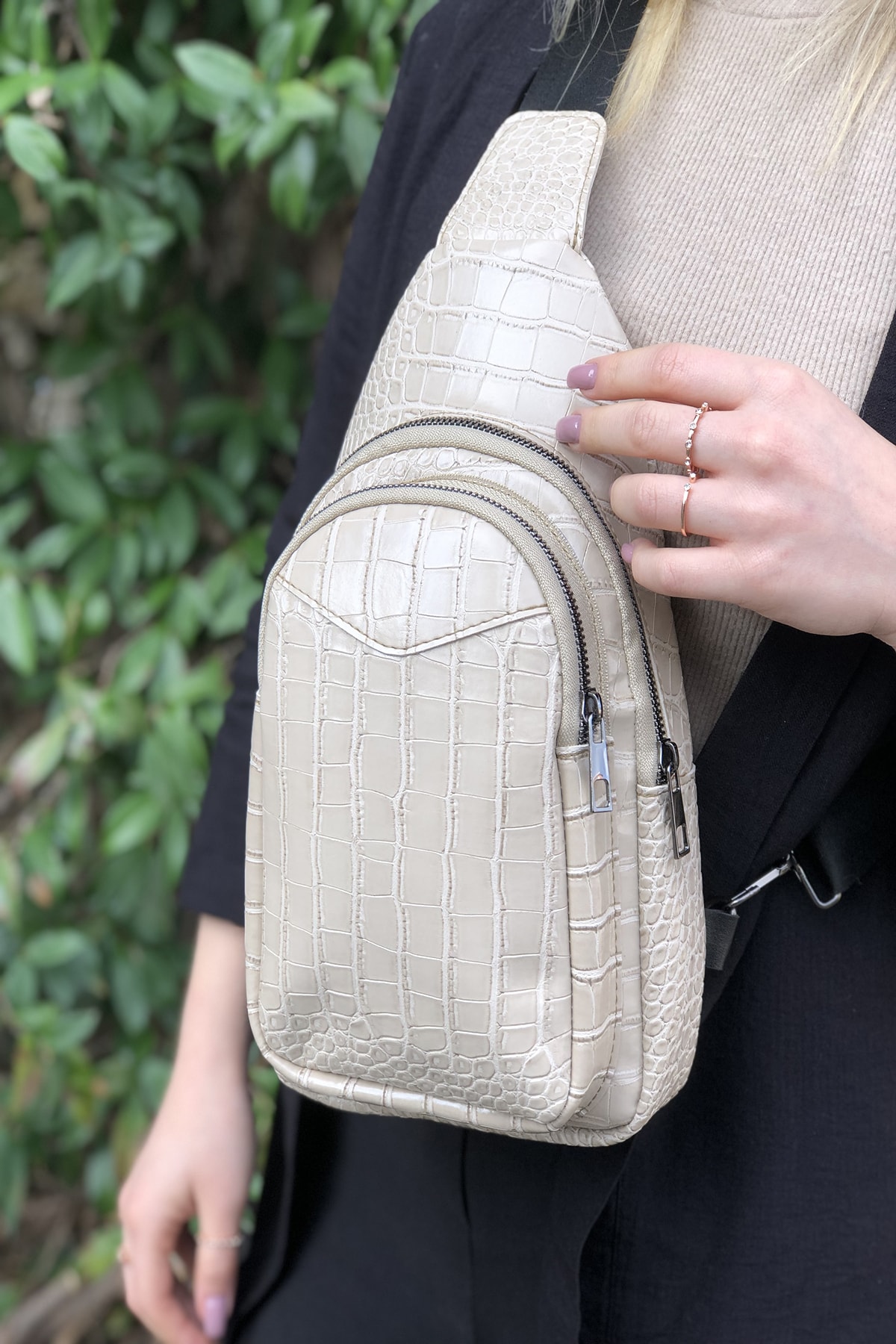 Bagzone Kadın Vizon Kroko Desen Iki Bölmeli Bel Çantası