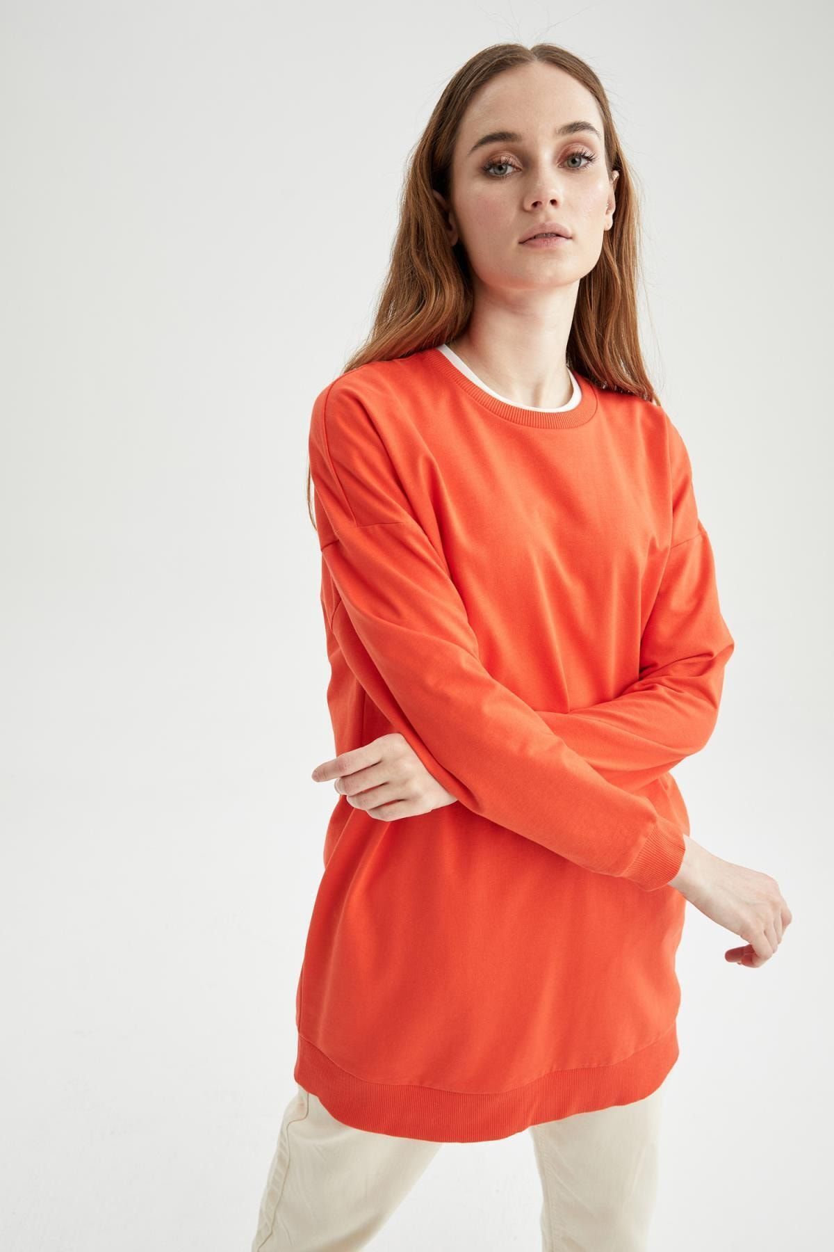 DeFacto Kadın Kırmızı Basic Ribana Kollu Oversize Fit Sweat Tunik U5935AZ21SP