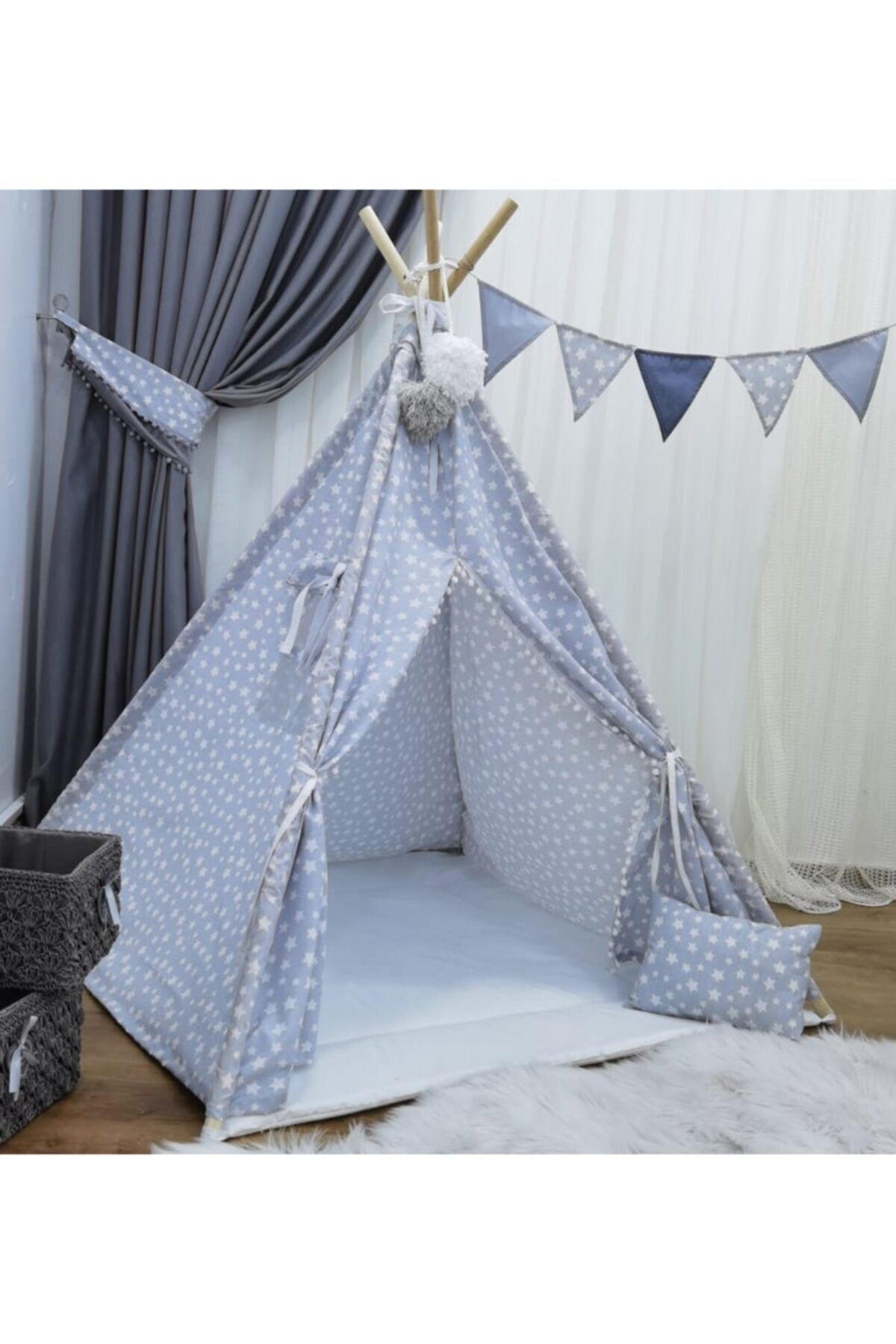 mordesign Stars, Büyük Boy, Ahşap Direkli, Pencereli Kızılderili Doğal Çocuk Oyun Çadırı, Gri