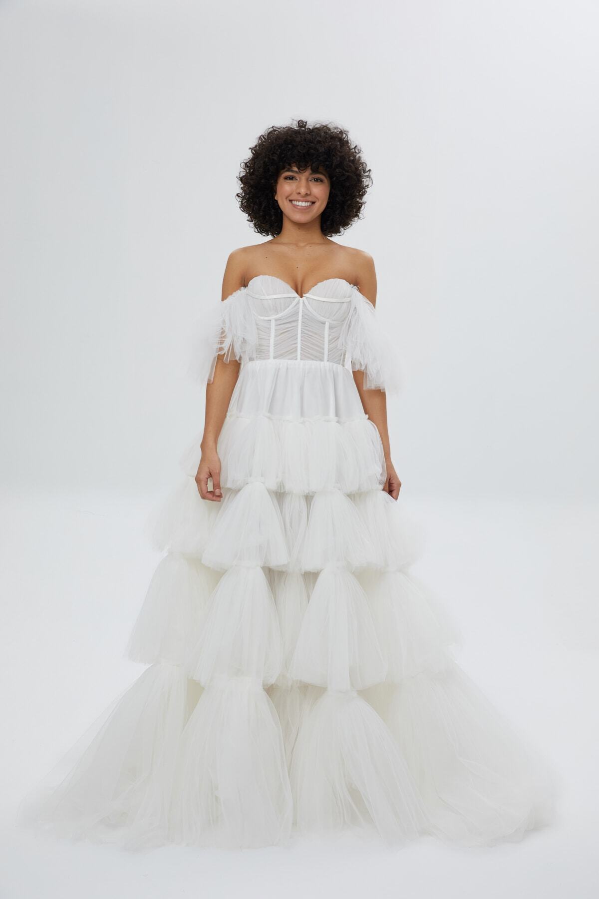 Şebnem Sönmez Magic Dresses Kadın Beyaz Fırfır Detaylı Tül Gelinlik