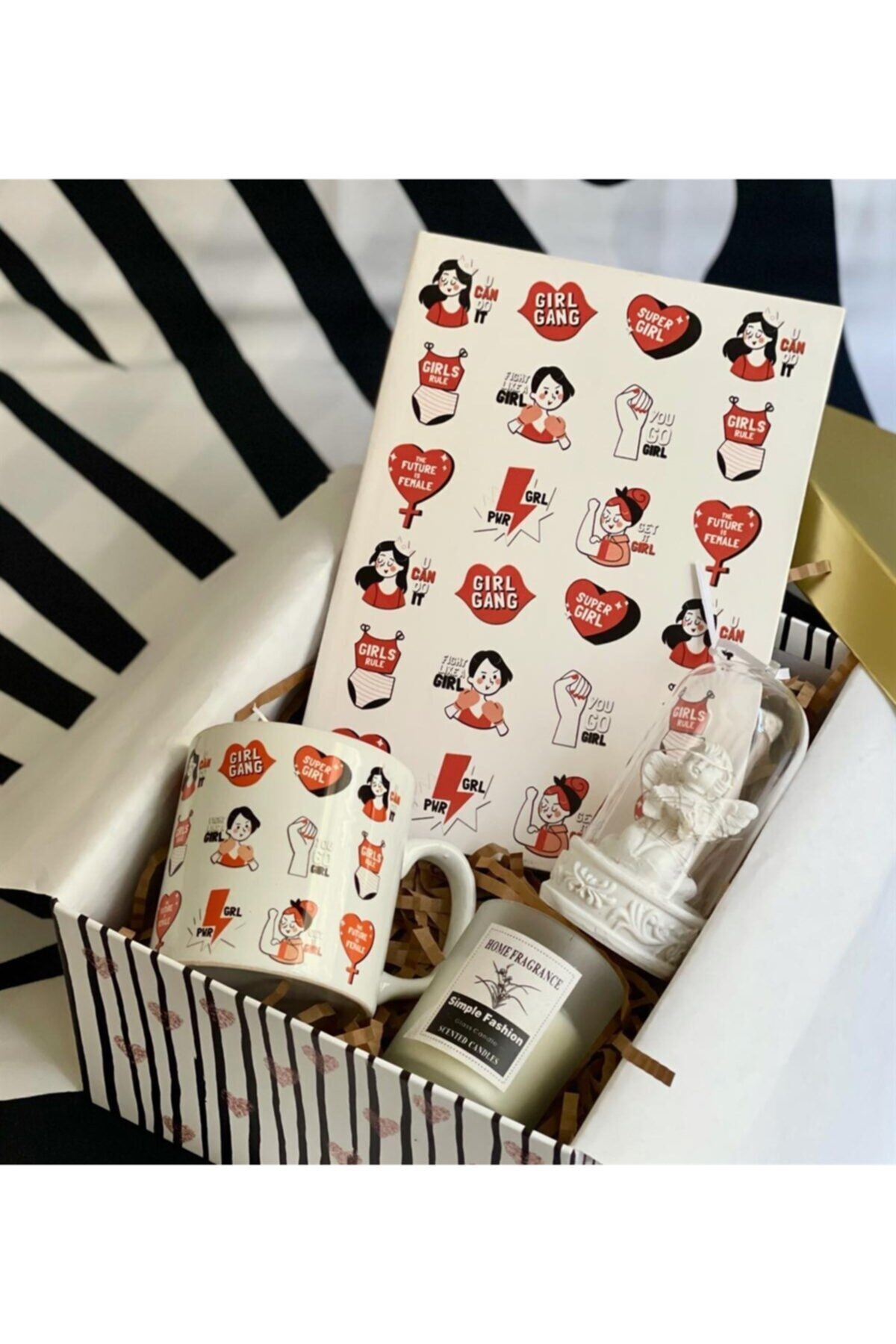 Gift Moda Işıklı Melek Biblo Girl Gang Tasarımlı Kupa Ajanda Ve Kokulu Cam Mum Kadınlara Özel Hediye Seti